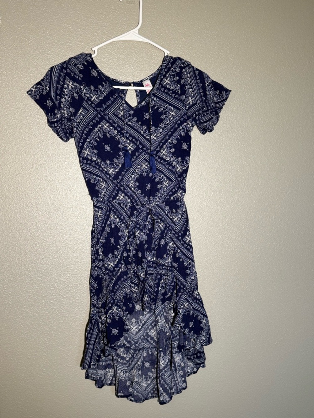 Justice Navy and White Paisley Keyhole Tie Dress